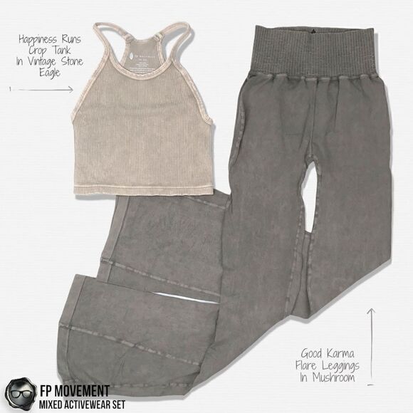 FP MOVEMENT SET: HAPPINESS RUNS CROP TANK + GOOD KARMA FLARE LEGGINGS MUSHROOM - Picture 1 of 14